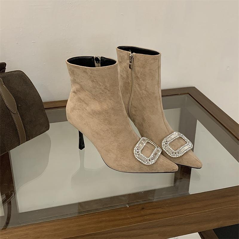 Mi Ting pointed head high heel short boots women's autumn and winter rhinestone square buckle side zipper fashion boots fashionable black short boots