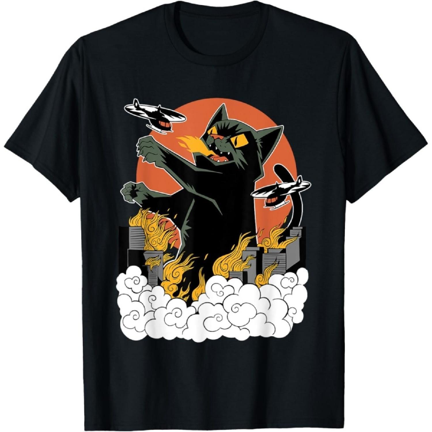 

Figured Vintage Japanese Catzilla Sunset Black Cat T-Shirt Funny Graphic Tshirt Novelty Tee XXXXXL чорний
