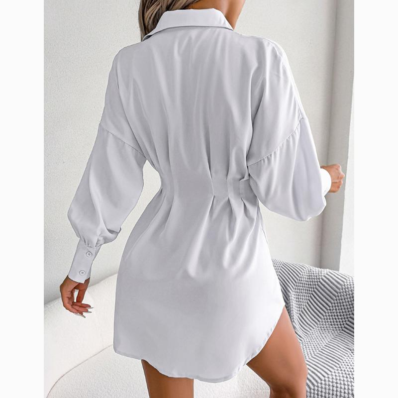 Vestido corto asimétrico liso con manga acampanada informal para mujer, vestido ajustado con cintura para mujer, vestidos de una sola botonadura, ropa femenina 24117