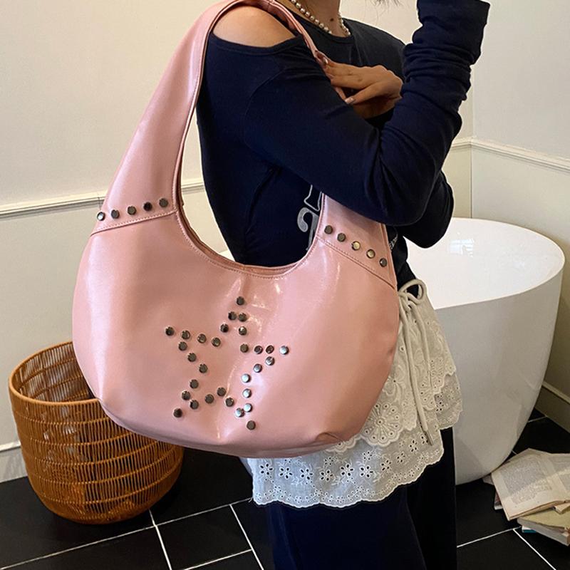 Retro Star Rivet Tote Bag Solid Pu Leather Shoulder Bag Large Capacity Female Casual Shopping Underarm Pack Lady Handbag