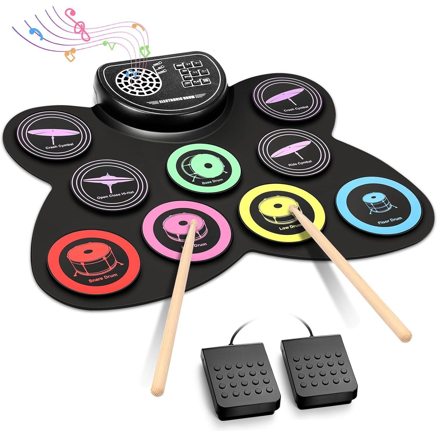 Anpro Electronic Drum Set, 9 Drum Pad with Headphone Jack, Roll-up Electronic Drum Kit with Built-in Speaker Drum Pedals Drum Sticks 10 Hours Playtime чёрный