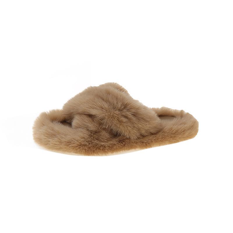 Women's Furry Platform Slippers - Thick Bottom Cross Strap for Autumn/Winter, Height-Increasing, Soft Cotton for Home or Outdoor Use