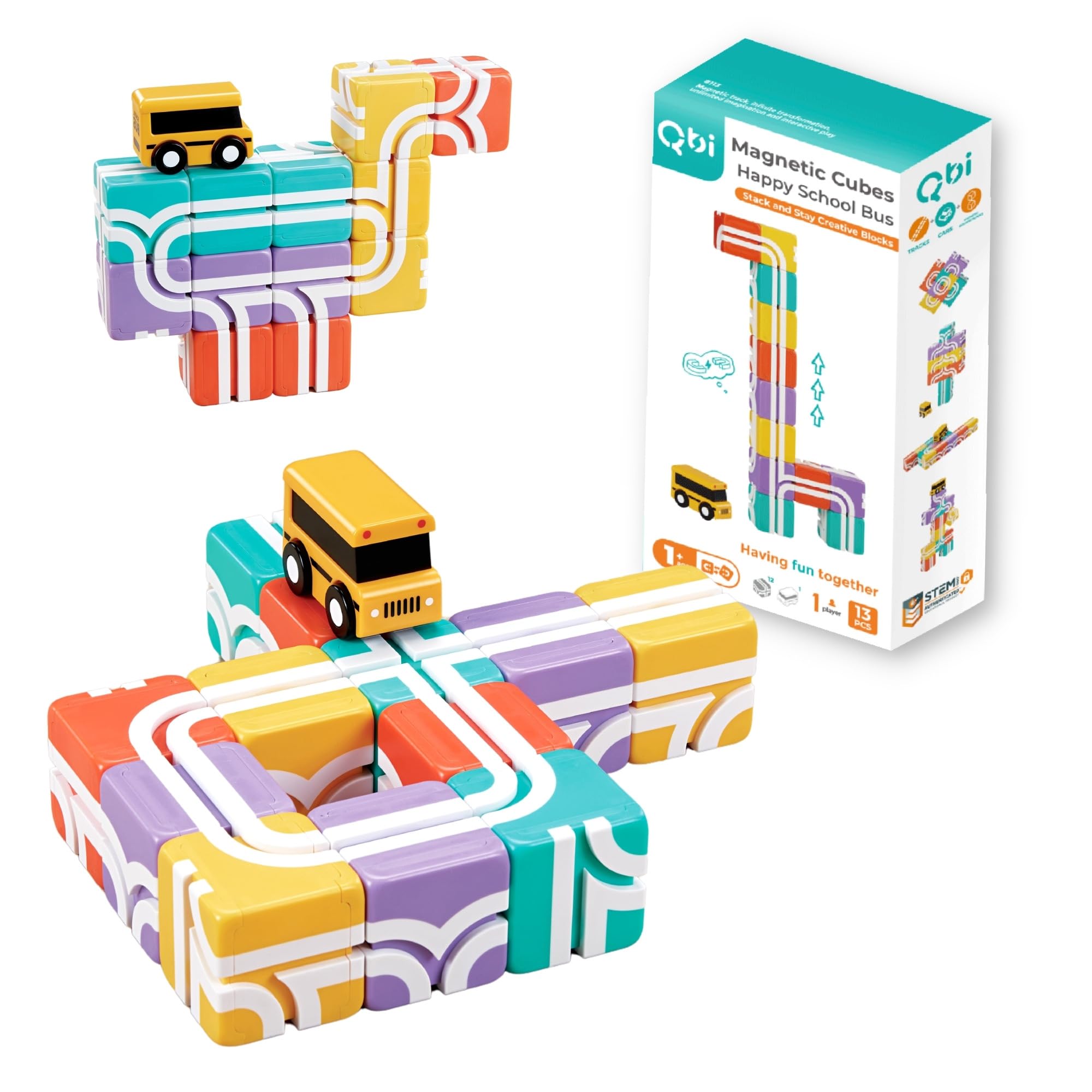 

Qbi Happy School Bus, 12 Building Blocks, 1 Bus, Includes Online Challenge Cards, Educational Toy for Ages 1+