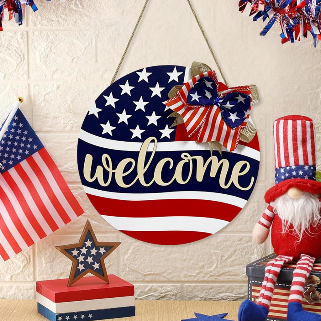 Independence Day Welcome Sign Wooden Plaque Decoration Memorial Day Wooden Patriotic Wreath Wall Hanging Outdoo