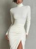 2026 European Women's Spring Pleated High Neck Long Sleeve Maxi Dress - Elegant & Slimming Solid Color Design