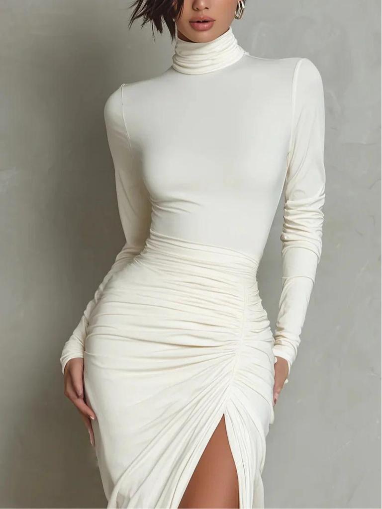 2026 European Women's Spring Pleated High Neck Long Sleeve Maxi Dress - Elegant & Slimming Solid Color Design