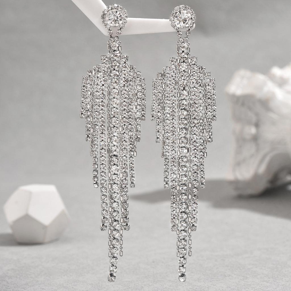 Simple style geometric earrings women's personality inlaid with diamonds design long fringed earrings versatile earrings women