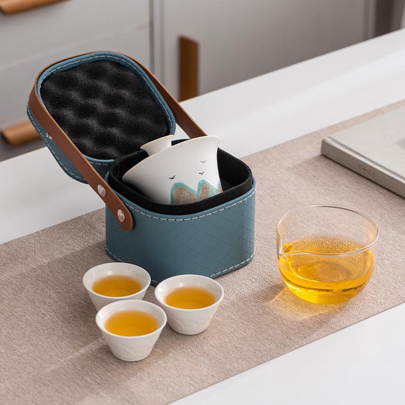 Hand-painted Glaze Painting Distant Mountain Travel Tea Set, One Pot, Three Cups, Outdoor Portable, High-end Business Commemorative Gift