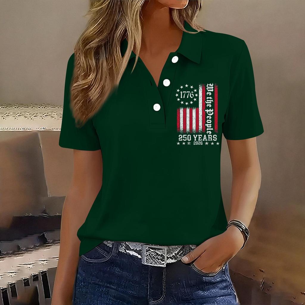 Damen Casual Knopf Kurzarm Poloshirt 250. Jubiläum Aufdruck Oberteil Unabhängigkeitstag Stil Leichtes Weiches Gewebe