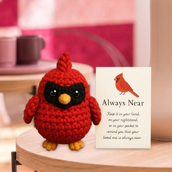 Yousheng Crochet Red Bird Emotional Support Ornament with Inspirational Card Pocket-Sized Hug Companion Positive Bird Gift for Women Loved Ones