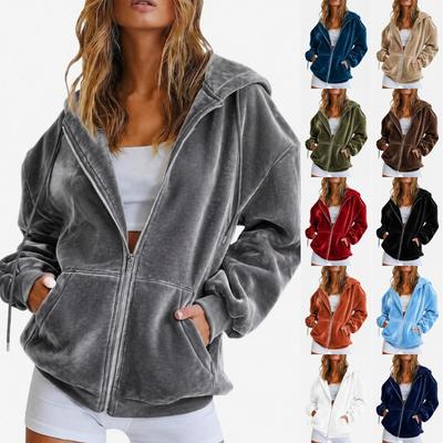 Women S Velvet Hooded Zip Up Loose Casual Sweatshirt