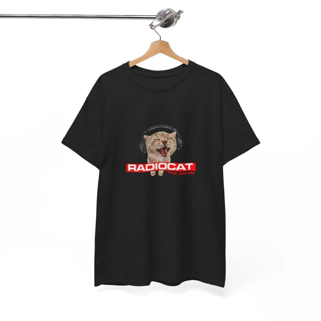 Radiohead Parody "Radiocat" The Bends Singing Cat With Headphones Funny Meme Cute Kawaii Cat Lover Oversized Graphic T-Shirt
