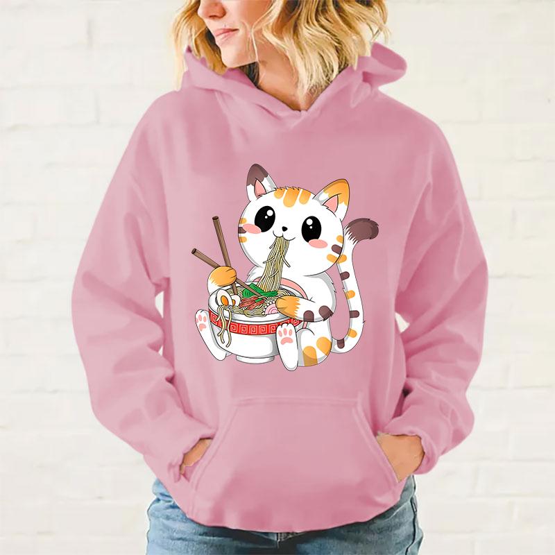 Neue Kawaii Katze isst Ramen Hoodies Damen Herren Teenager Lässiger Persönlichkeits-Pullover Mode Langarm Sweatshirt
