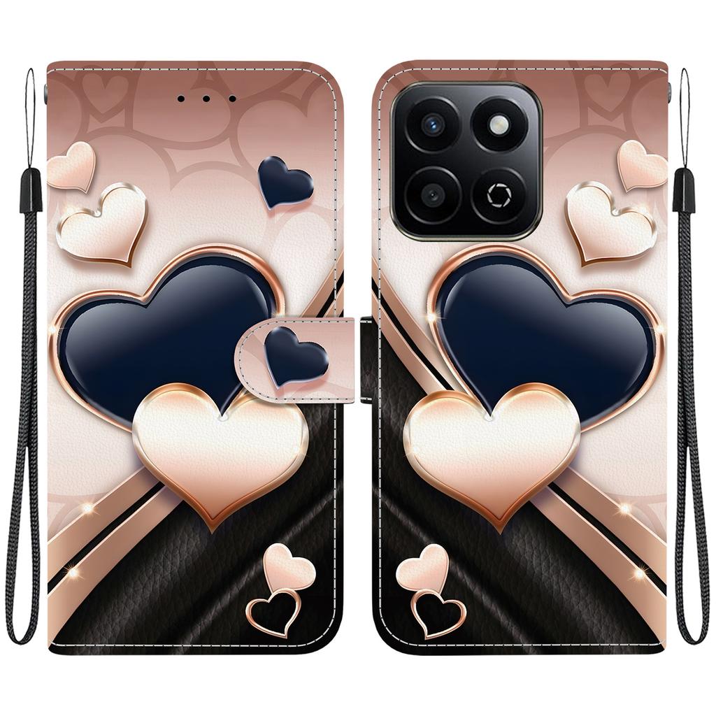 Handmade PU Leather Flip Case for Honor X7c Anti-Slip Shockproof Cover with Wrist Strap & Heart/Rose Cat Designs