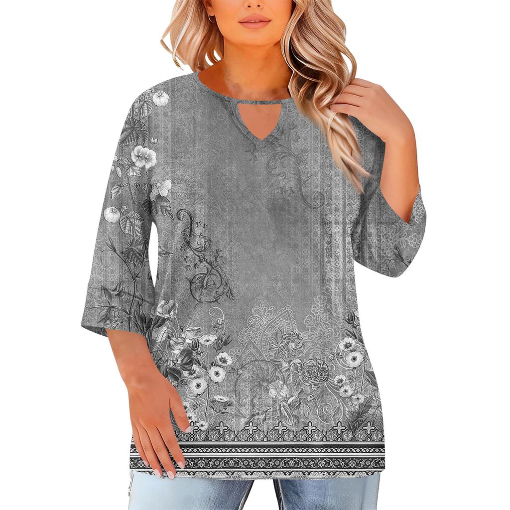 Women's Fashion Casual Round Neck Three-Quarter Sleeve Oversized Print Top