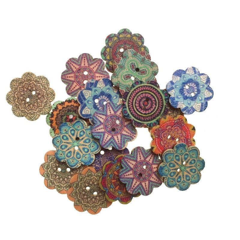50Pcs Mixed Pattern Vintage Flower Wooden Buttons 20mm Assorted Buttons 2 Holes Sewing Random Flower Painting Buttons