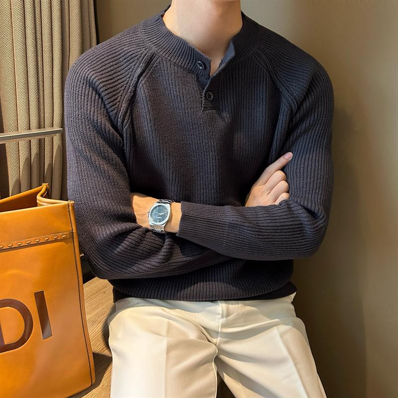 

Half Open Neck Knitted Sweater, Men s, Design Sense, Shoulder Length Sleeves, Loose Feeling, Sweater, Thread Coat, Base Coat M серый