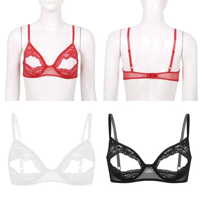 Lingerie da donna in morbido pizzo floreale con coppa aperta, reggiseno trasparente, traforato, senza ferretto