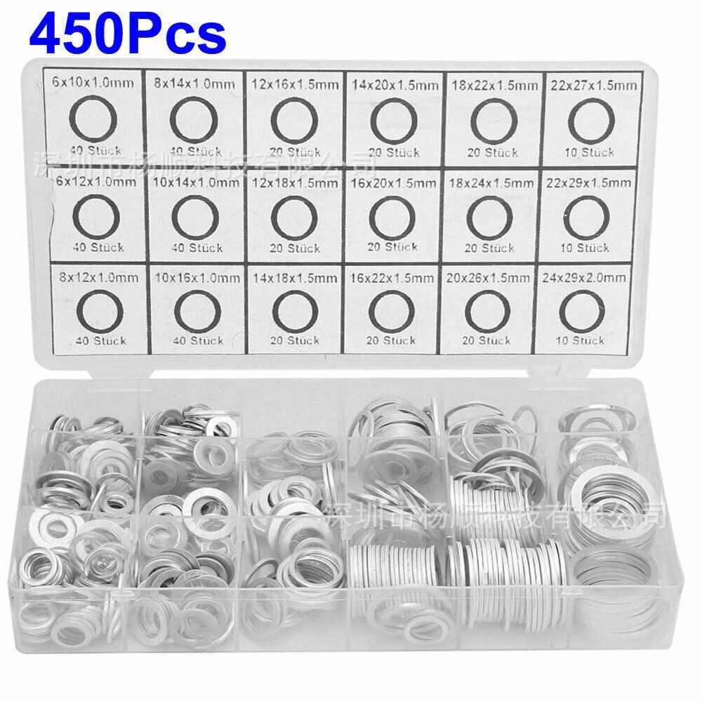 450-Piece Aluminum Gasket & Sealing Ring Set: High-Temp Resistant, Spring Washer, M6-M24.