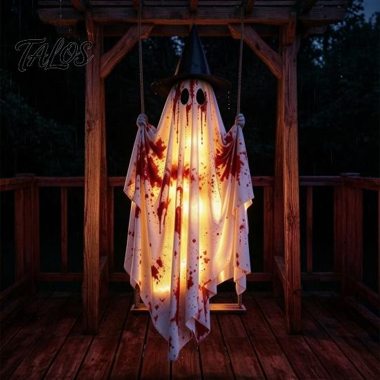 Trick or Treat Party Supply Hanging Swing Ghost Halloween Decoration, Spooky Light Up Large Swinging Front Porch Holiday Display with Blood Fabric for