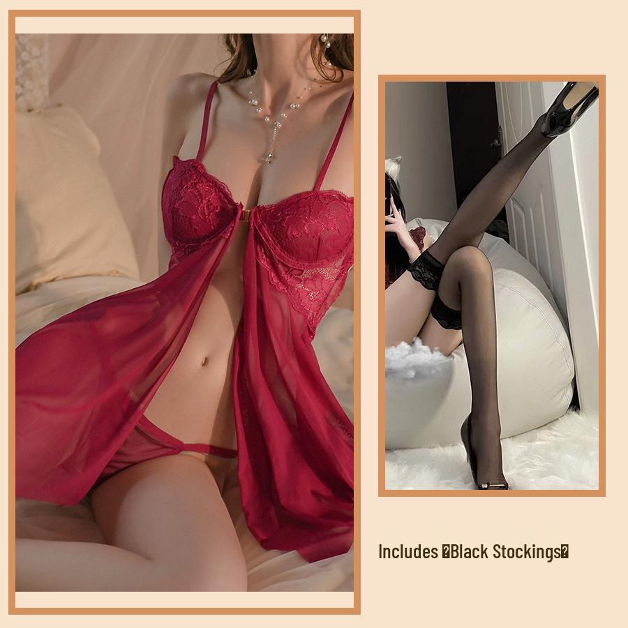 Golden Night Lingerie: Sexy Lace Push-Up Nightgown with Front Split