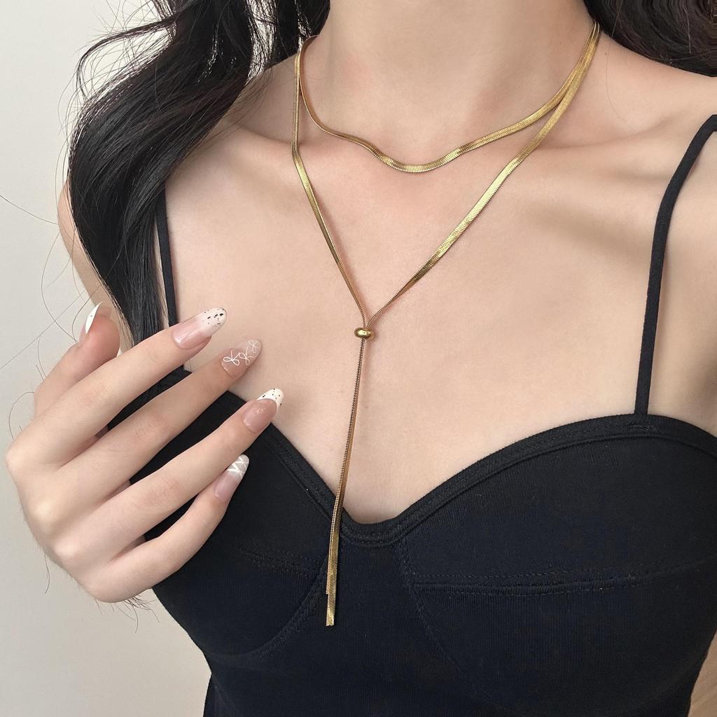 Adjustable Titanium Steel Necklace with Round Beads - Minimalist Drawstring Chain Design