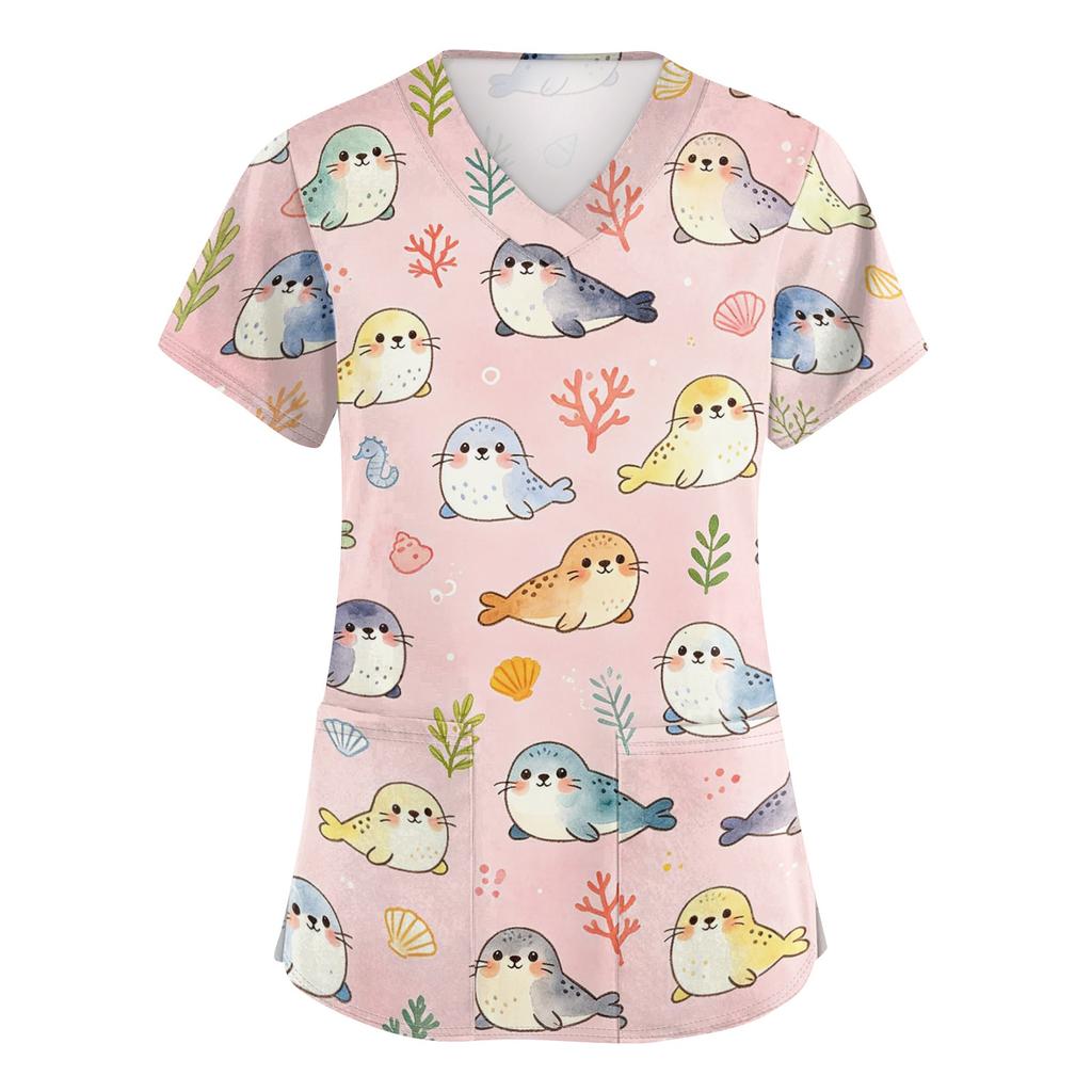 Women V Neck Short Sleeve Work Top with Pockets Animal Print Medical Scrub Shirt Comfortable Fit Durable Fabric Suitable for Healthcare Professionals