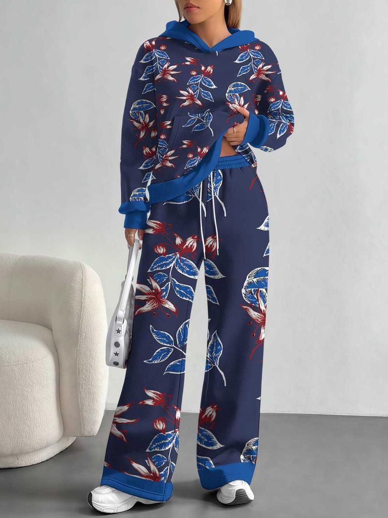 Retro Pattern Splicing European, American Autumn And Winter Casual Long-Sleeved Suit Women'S Hooded Sweater Trousers Two-Piece Set