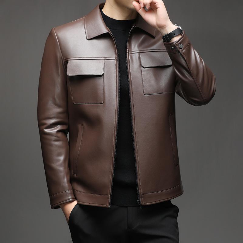 Men's leather jacket autumn casual coat new PU leather jacket velvet fashion lapel feeling men's top