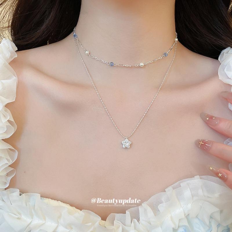 Sweet double-layer zircon star beaded necklace new niche design clavicle chain fashionable versatile neck chain