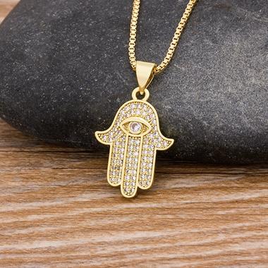 Nidin Hot Sale Women Men Hamsa Hand Necklace Gold Plated Copper Zircon Evil Eye Pendant & Chain Hip Hop Turkish Luck Jewelry