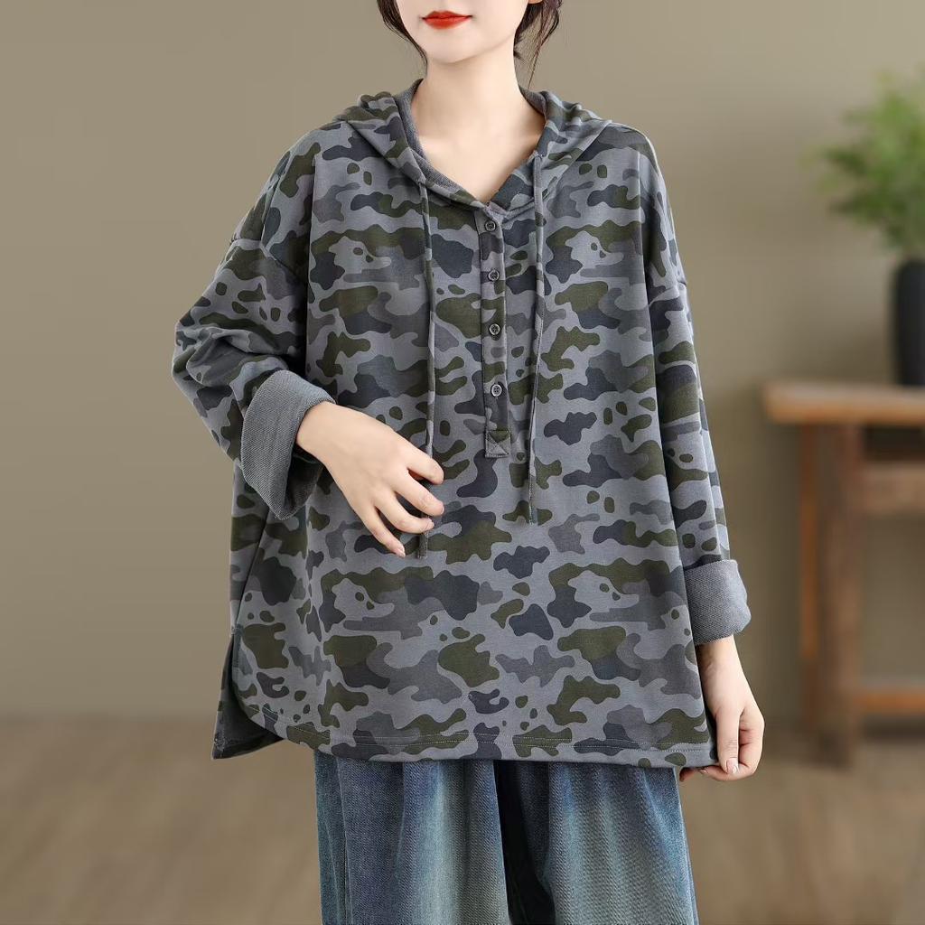 Dimanaf Nuevo 2025 Sudaderas y sudaderas de camuflaje de algodón para mujer Estampado Manga larga Otoño Tops básicos Camiseta Nuevo Jersey