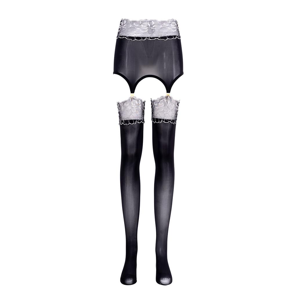 Sexy shiny lace hip skirt suspender stockings women's 5D ultra-thin silky slippery perspective temptation black stockings