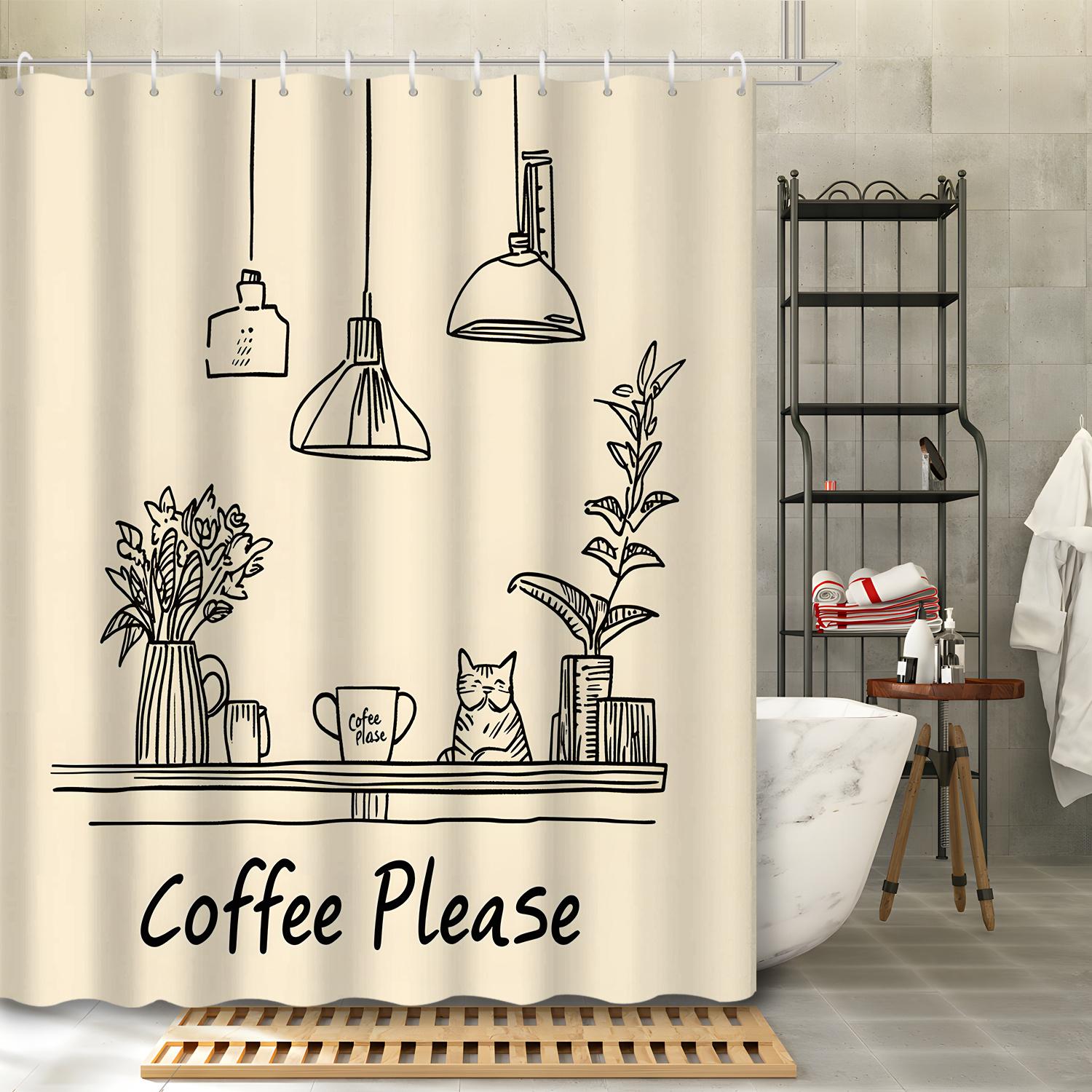 

1pc Nordic Minimalist Black Line Sketch Green Plant Potted Pet Cat Shower Curtain, Decorative Bathroom Partition Curtain 90x180cm35x71in