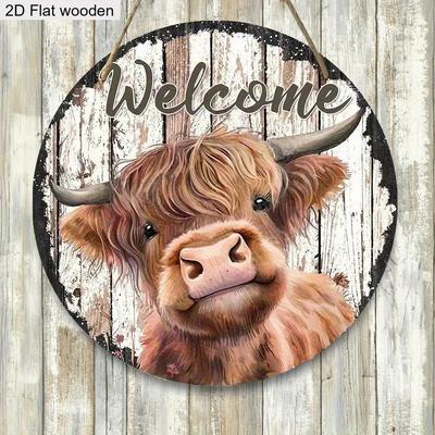 Panneau en Bois Rustique avec Motif Vache des Highlands, Panneau Rond Style Ferme pour Porte d'Entrée, Décoration Murale Suspendue - Cadeau Idéal pour la Famille et les Amis