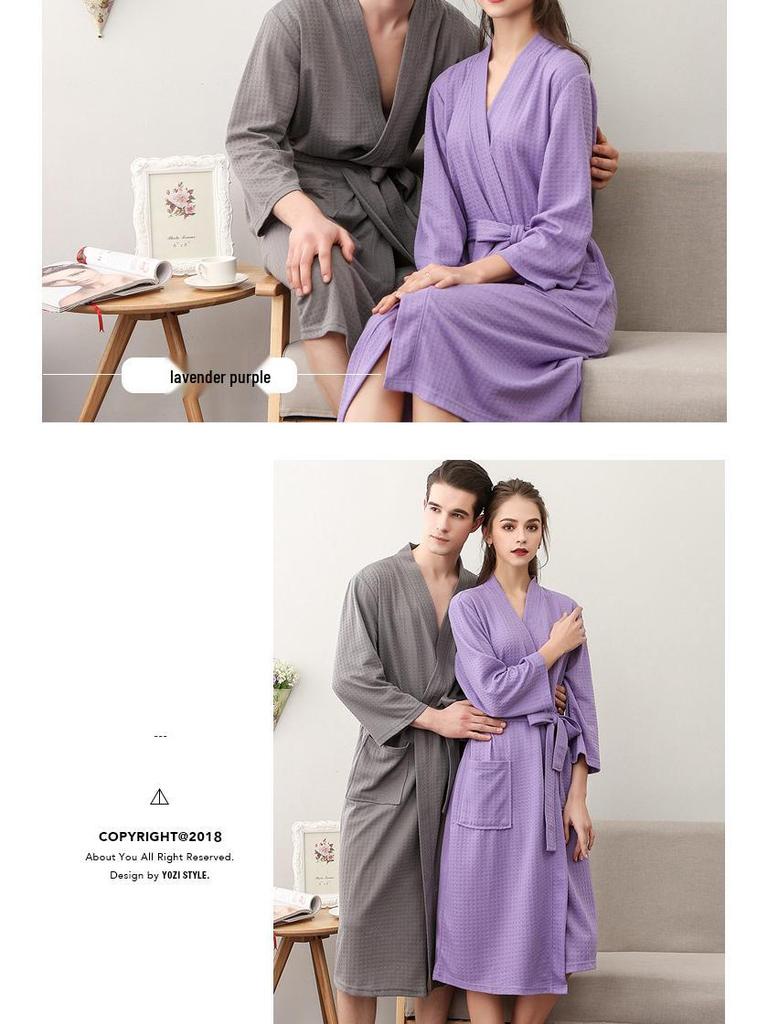 Waffle Pattern Bathrobe Couple Pajamas, Unisex Summer Three-Quarter Sleeve, Korean Style, Polyester & Absorbent.