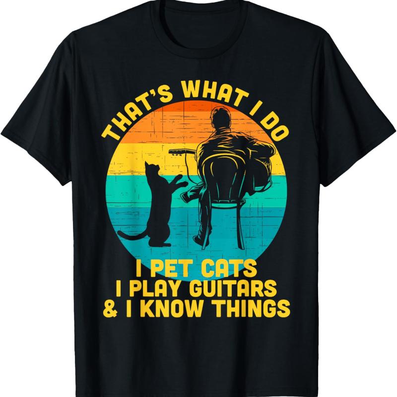 That's What Do I Pet Cats Play Guitars Men Cat and Guitar Graphic T-Shirt Cotton All-match Loos