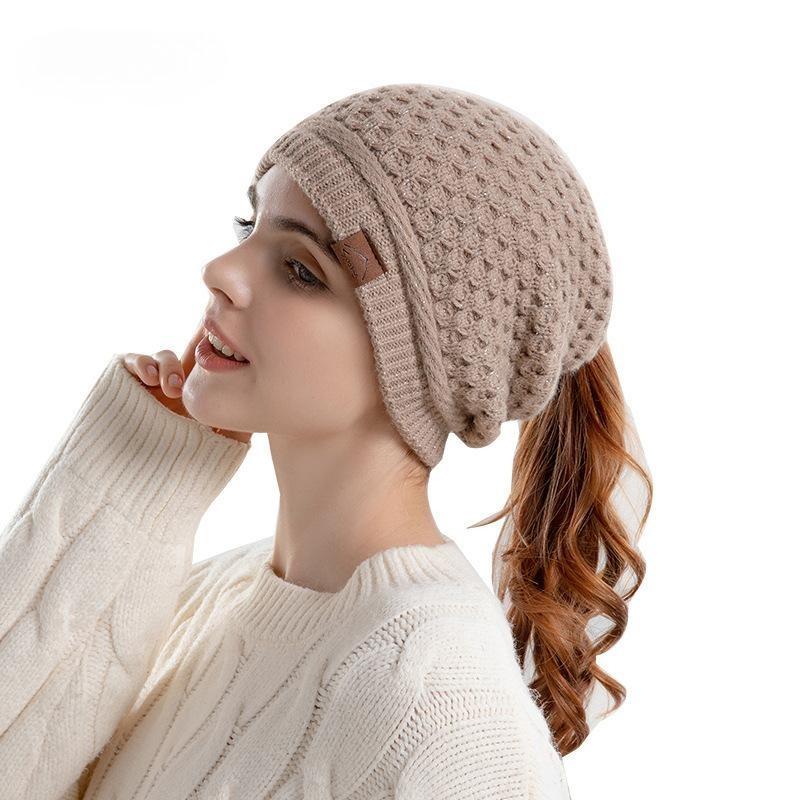 Autumn and Winter Warm Ear Protection Pullover Hat Women's Hat Ponytail Hole Knitted Hat European and American Wool Hat Tide