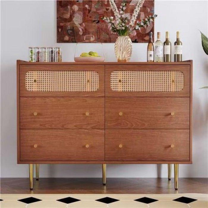 Commode - 6 tiroirs - Vintage - Noyer - Pieds métalliques 20 cm