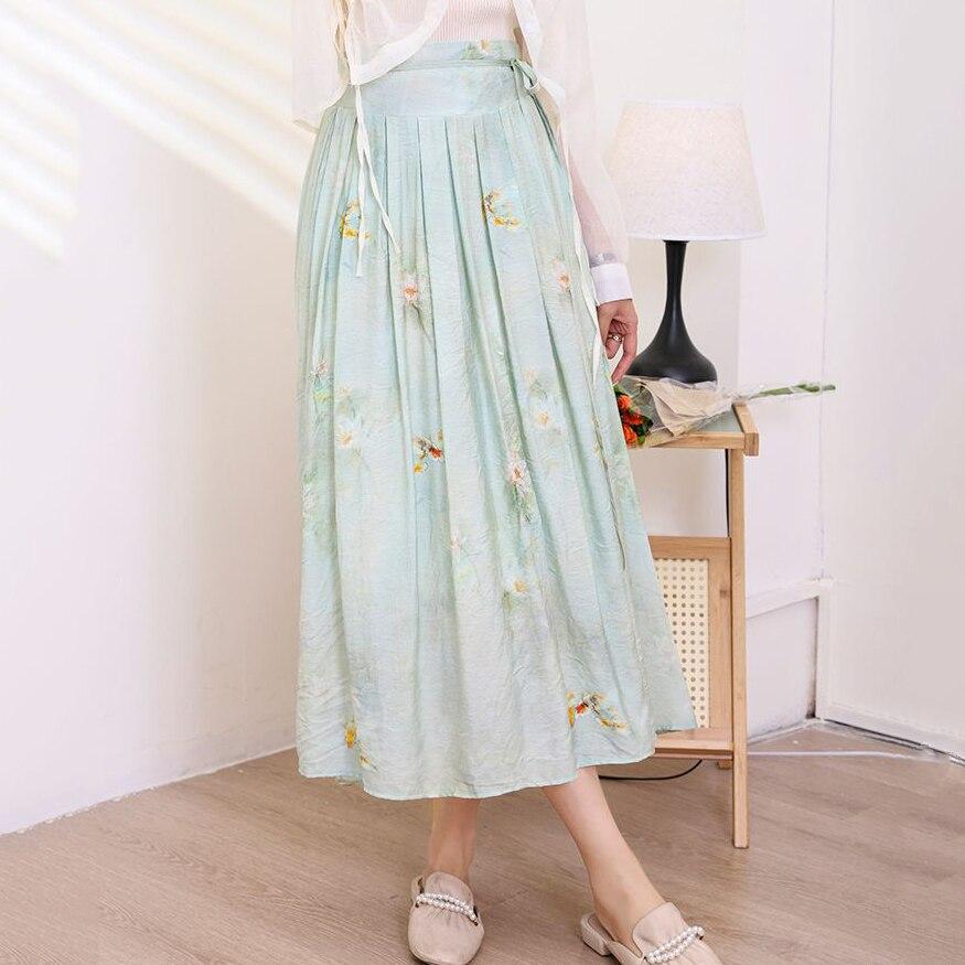Qooth Hanfu waist wrap skirt  Cotton Linen Printed Pleated Skirt Elegant Vintage Skirt QT2187