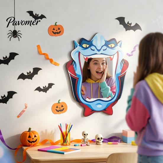 Halloween Wall Mirror Wooden Decorative Mirror, Pumpkin Ghost Bat Witch Cartoon Wood Decor Decor, Fun for Entryway Party, Festive Home Ornament Rustic