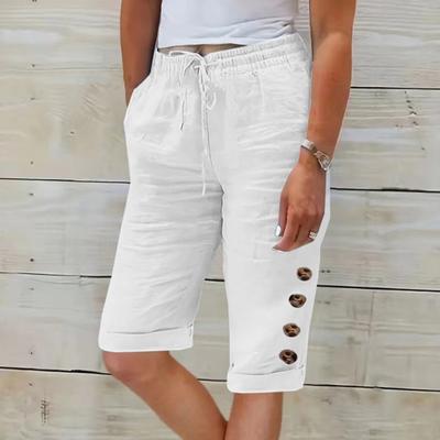 Damen Sommer Shorts Elastischer Bund Verstellbarer Kordelzug Freizeithose mit Taschen Einfarbig Knöpfe Dekor Knielange Hose