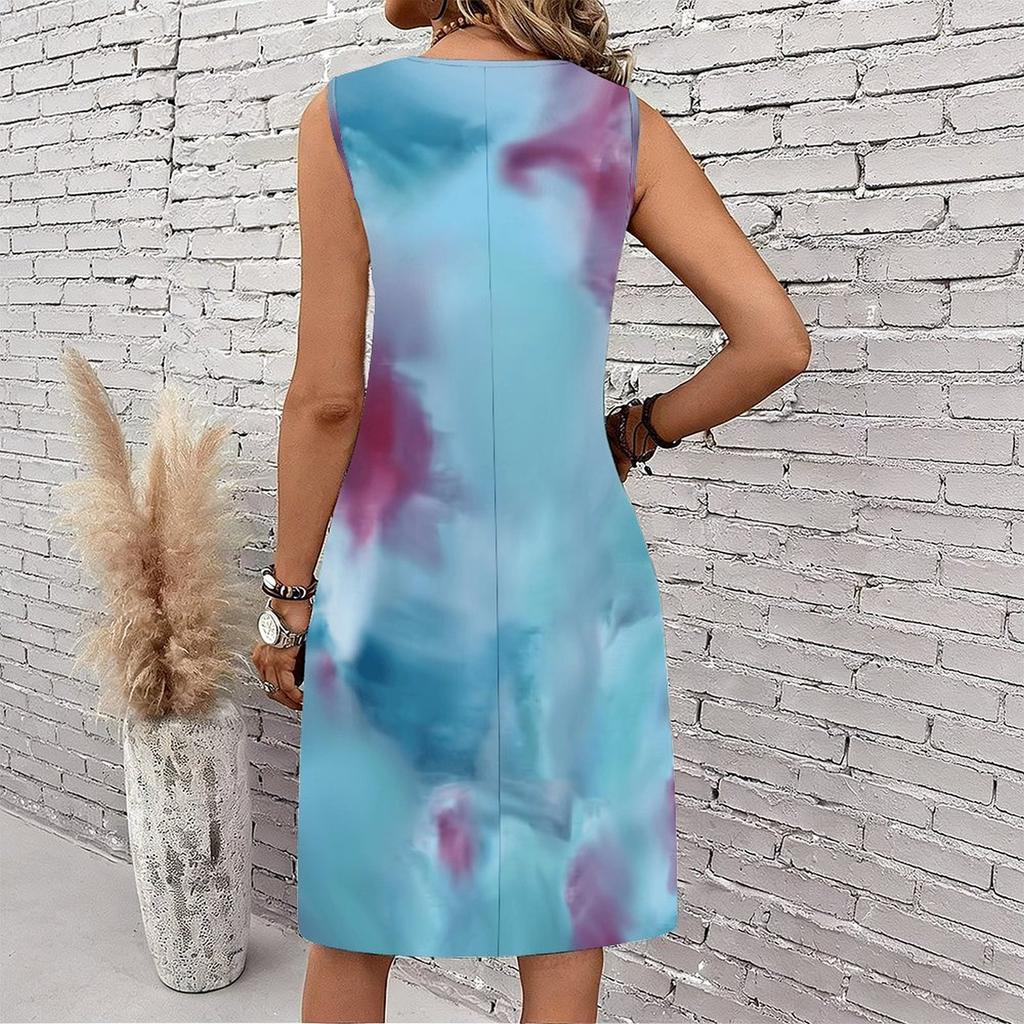 Plus Size V Neck Sleeveless Dress Sun Dappled Stream Forest Print For Afternoon Garden Leisure