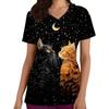 Clinical Uniform Cute Cat Cartoon Print Fashion Short Sleeve Casual V-Neck Vet Medical Clothes Women's T-shirts