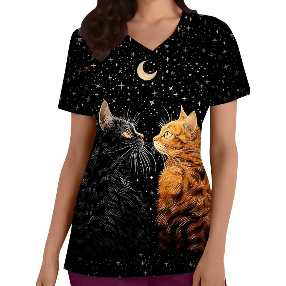 Clinical Uniform Cute Cat Cartoon Print Fashion Short Sleeve Casual V-Neck Vet Medical Clothes Women's T-shirts