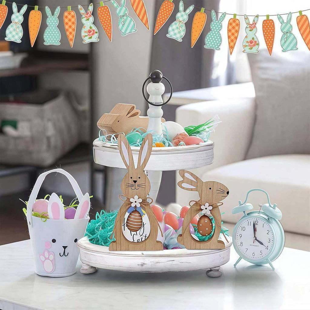 2pcs Wooden Easter Bunny Egg Decorations Easter Bunny Vertical Decorations Easter Wooden Bunny Ornaments For Home Office
