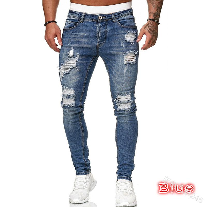European And American Men'S Pants With Holes, Worn White, Slim Fit Denim Pants, Fashionable Small Leg Pants For Men