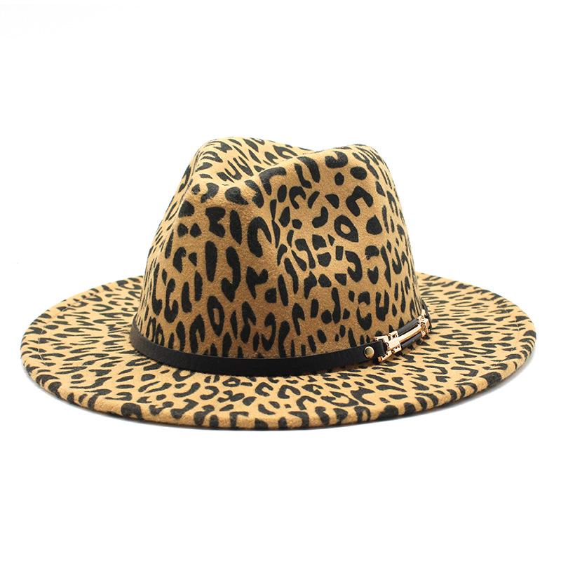 Woolen Leopard Print Jazz Top Hat Men And Women Couple Hat Flat Brim Big Eave Hat Felt Hat