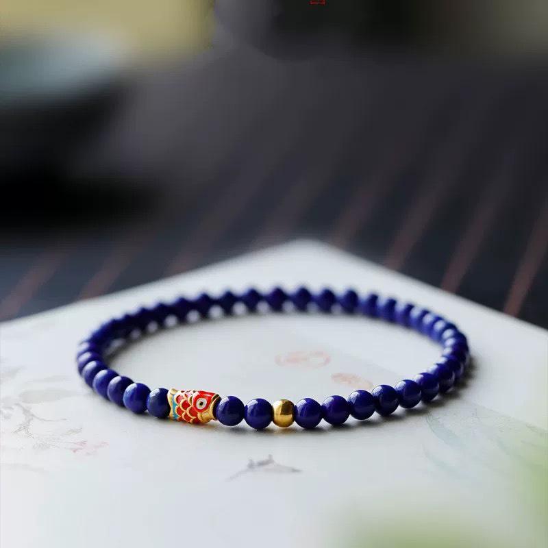 Imperial Blue Afghan Lapis Lazuli Small Bead Bracelet with Koi Bead Accents