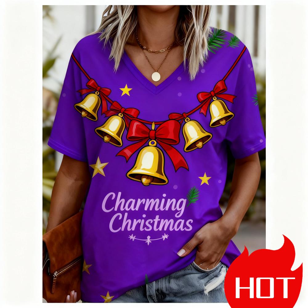 Christmas Women's T-shirt 3D pattern printing V-neck T-shirt quick-dry New Year's T-shirt New women's tops y2k clothes for woman